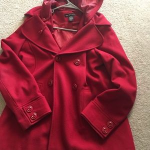 Red hooded pea coat.